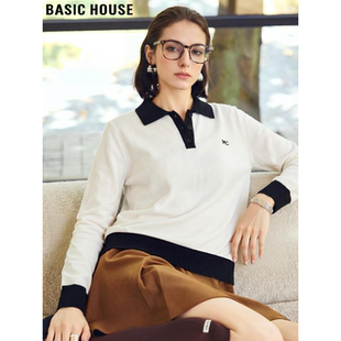 Basic House/百家好拼色POLO领长袖针织衫女2026春季新款气质上衣