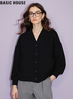Basic House/百家好黑色V领卫衣外套女2026春季新款慵懒宽松上衣