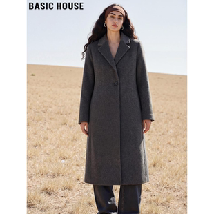 Basic House/百家好灰色羊毛呢外套女冬季高级感加厚长款过膝大衣