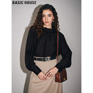新款 Basic 女2026春季 百家好黑色褶皱醋酸衬衫 飘带立领衬衣 House