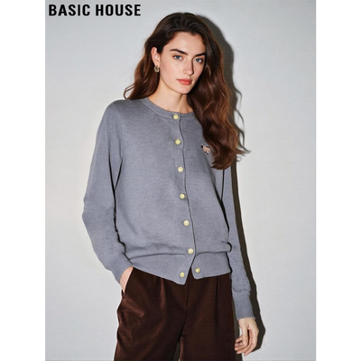 灰色刺绣圆领针织衫软糯毛衣外套