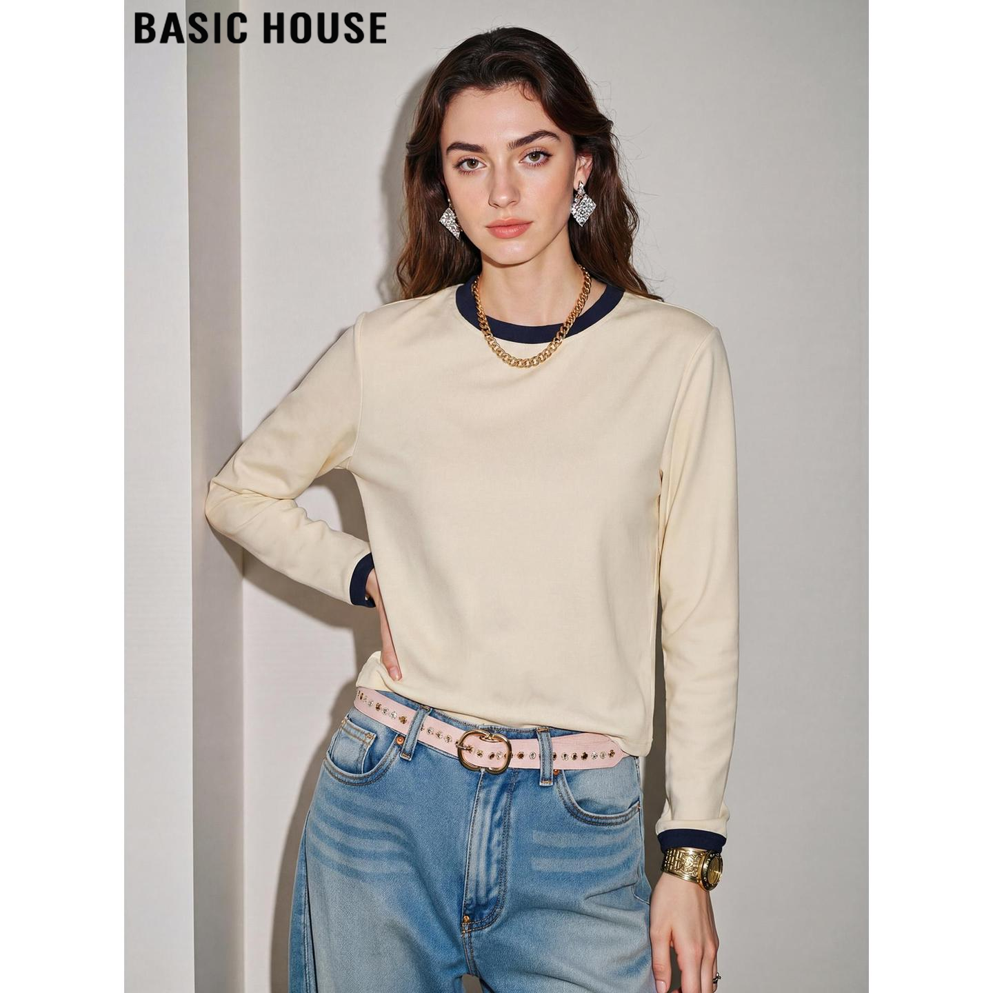 Basic House/百家好撞色圆领长袖T恤女2026春季新款时尚正肩上衣,女装/女士精品,T恤,淘宝优惠券,粉丝福利购,淘宝优惠卷