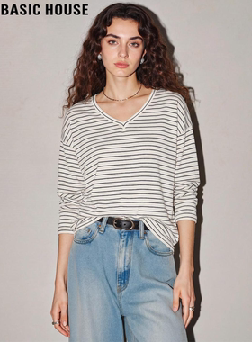 Basic House/百家好条纹V领天丝长袖T恤女2026春季新款宽松打底衫