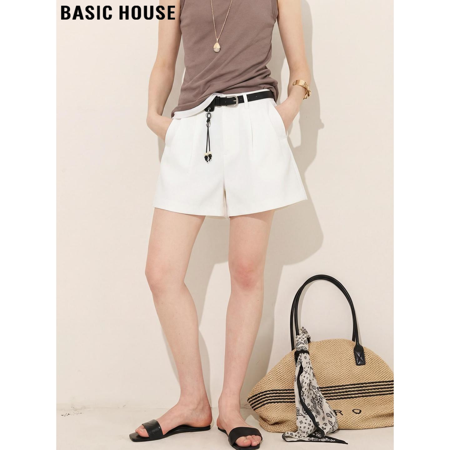 Basic House/百家好白色西装短裤女2026春季新款高腰休闲阔腿裤子