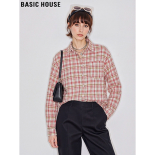 Basic House/百家好纯棉格子长袖衬衫女2026春季新款宽松叠穿衬衣