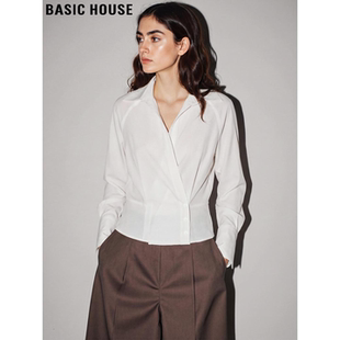 女士2026春季 百家好设计感收腰衬衫 新款 白色长袖 衣 Basic 衫 House