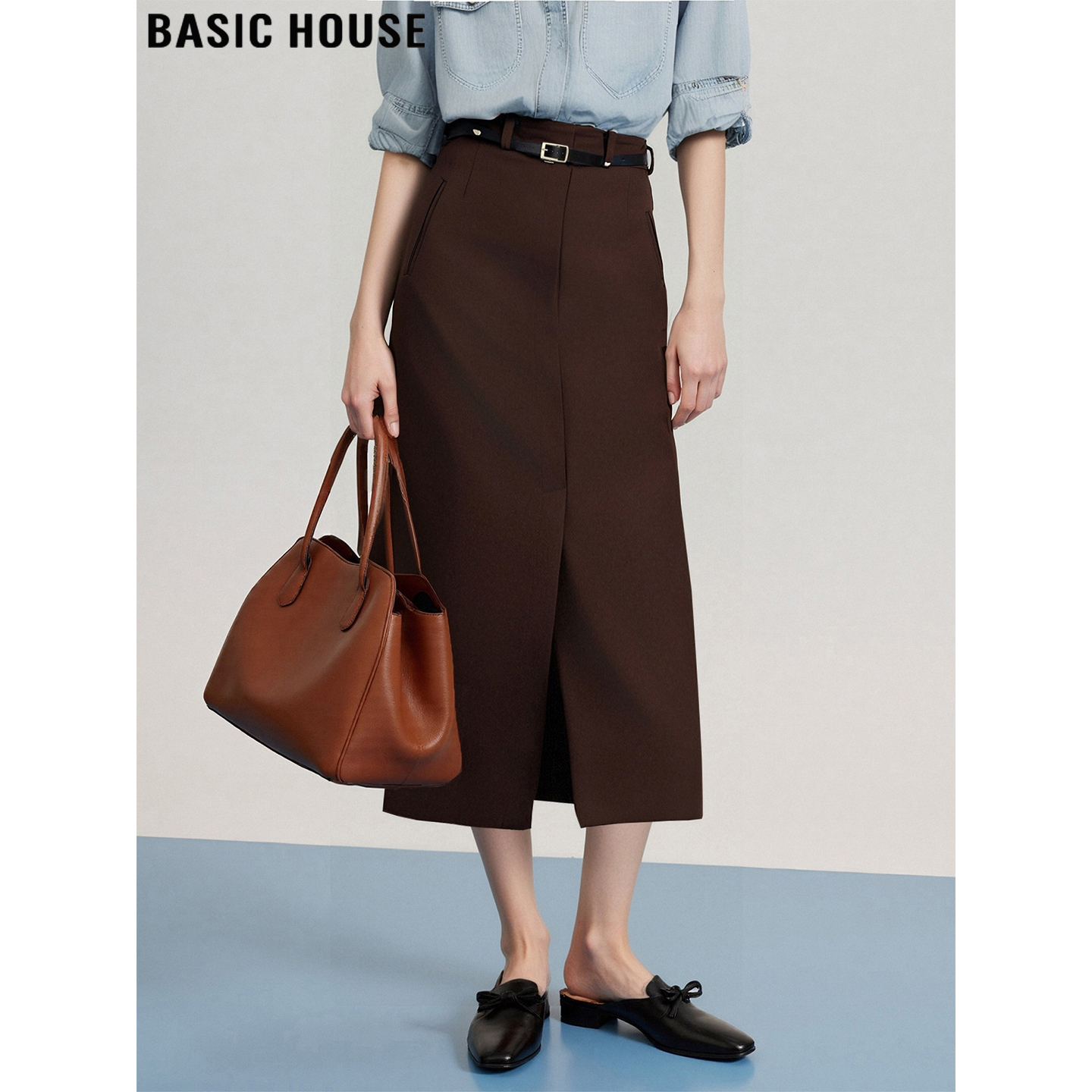 百家好法式西装半身裙开叉中长裙