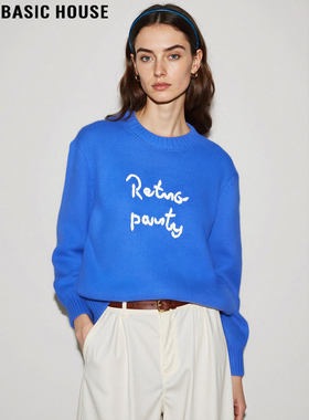 Basic House/百家好美式字母蓝色针织上衣女2025秋冬新款圆领毛衣