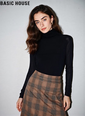 Basic House/百家好黑色拼接网纱长袖T恤女2026春季新款修身上衣