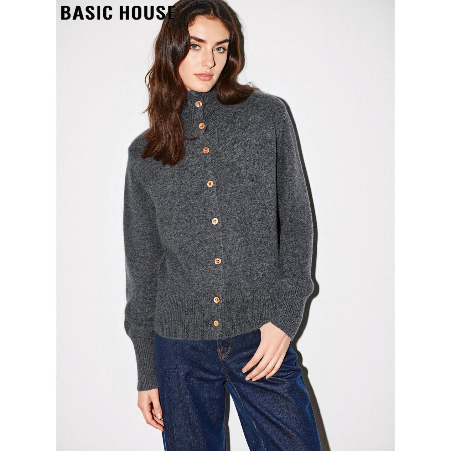 百家好100%羊毛灰色高领针织开衫