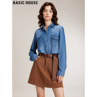 Basic House/百家好复古蓝色牛仔衬衫女2026春季新款内搭叠穿外套