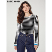 House 百家好撞色条纹天丝圆领T恤女2026春季 新款 Basic 长袖 上衣