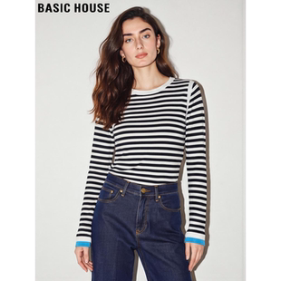长袖 Basic 新款 百家好撞色条纹天丝圆领T恤女2026春季 上衣 House
