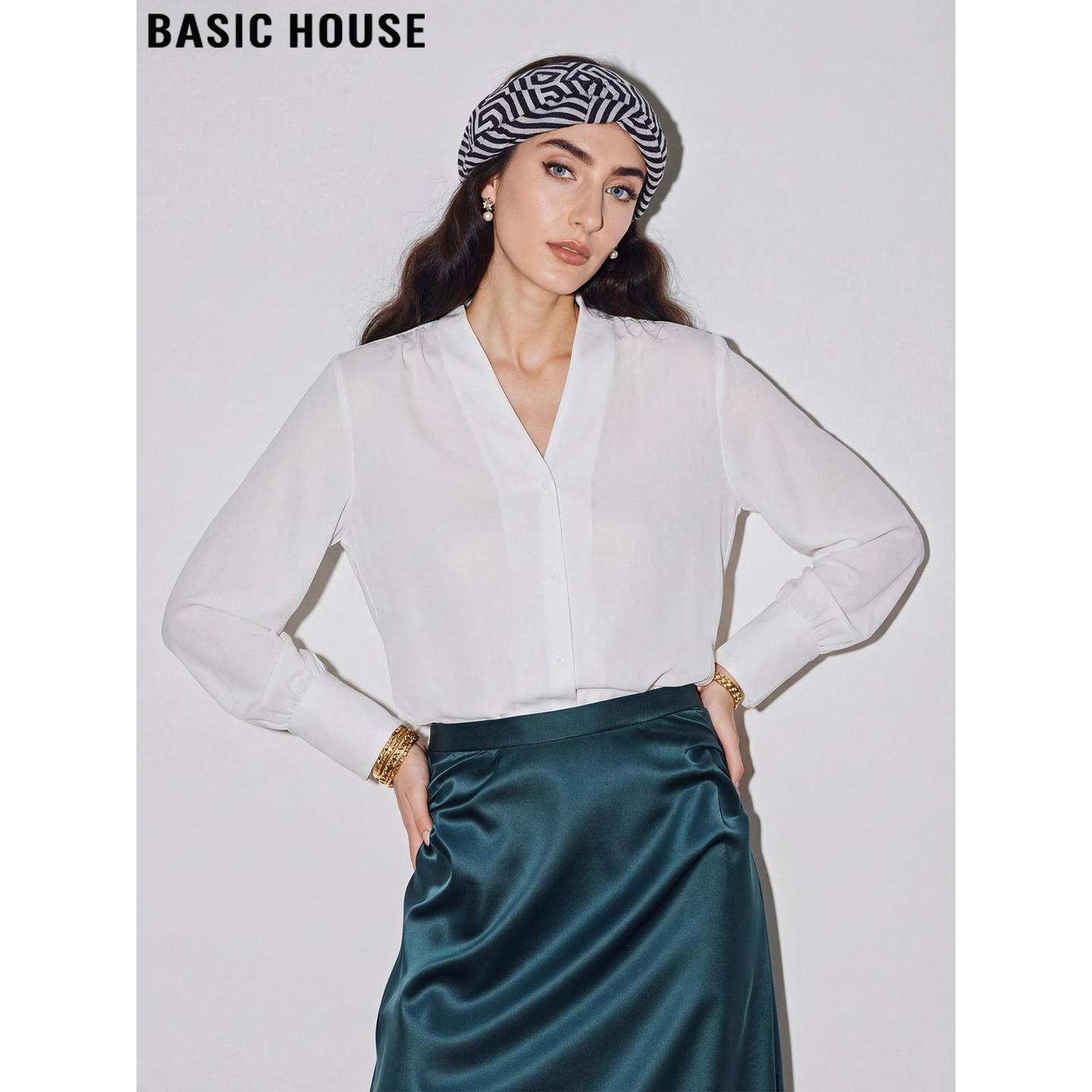 Basic House/百家好白色V领衬衫女2026春季新款法式叠穿长袖衬衣,女装/女士精品,衬衫,淘宝优惠券,粉丝福利购,淘宝优惠卷