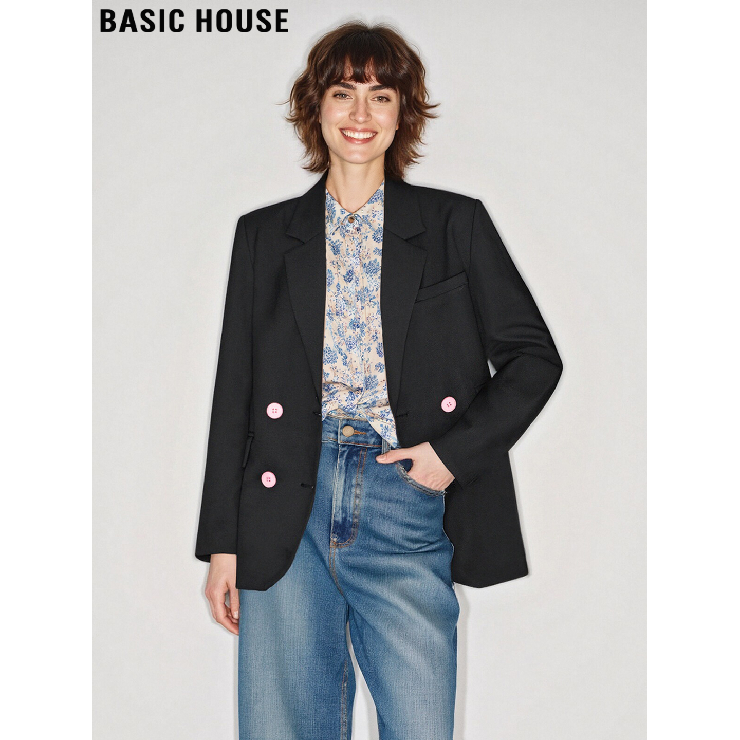 Basic House/百家好设计感黑色西装外套女2026春季新款双排扣西服,女装/女士精品,短外套,淘宝优惠券,粉丝福利购,淘宝优惠卷