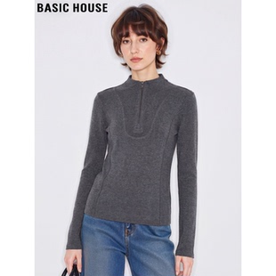House 显瘦打底衫 百家好灰色半拉链长袖 新款 T恤女2026春季 Basic