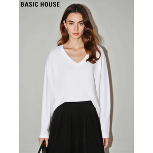 新款 Basic 女2026春季 百家好白色V领T恤打底衫 宽松内搭上衣 House