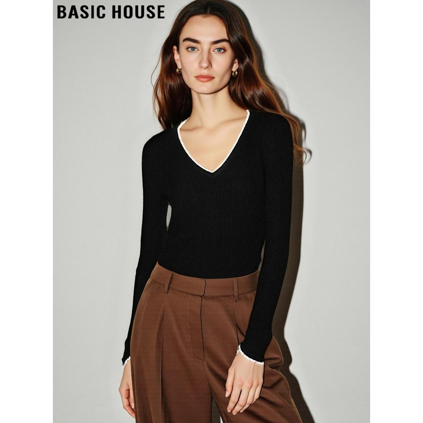 百家好法式钉珠V领喇叭袖针织衫