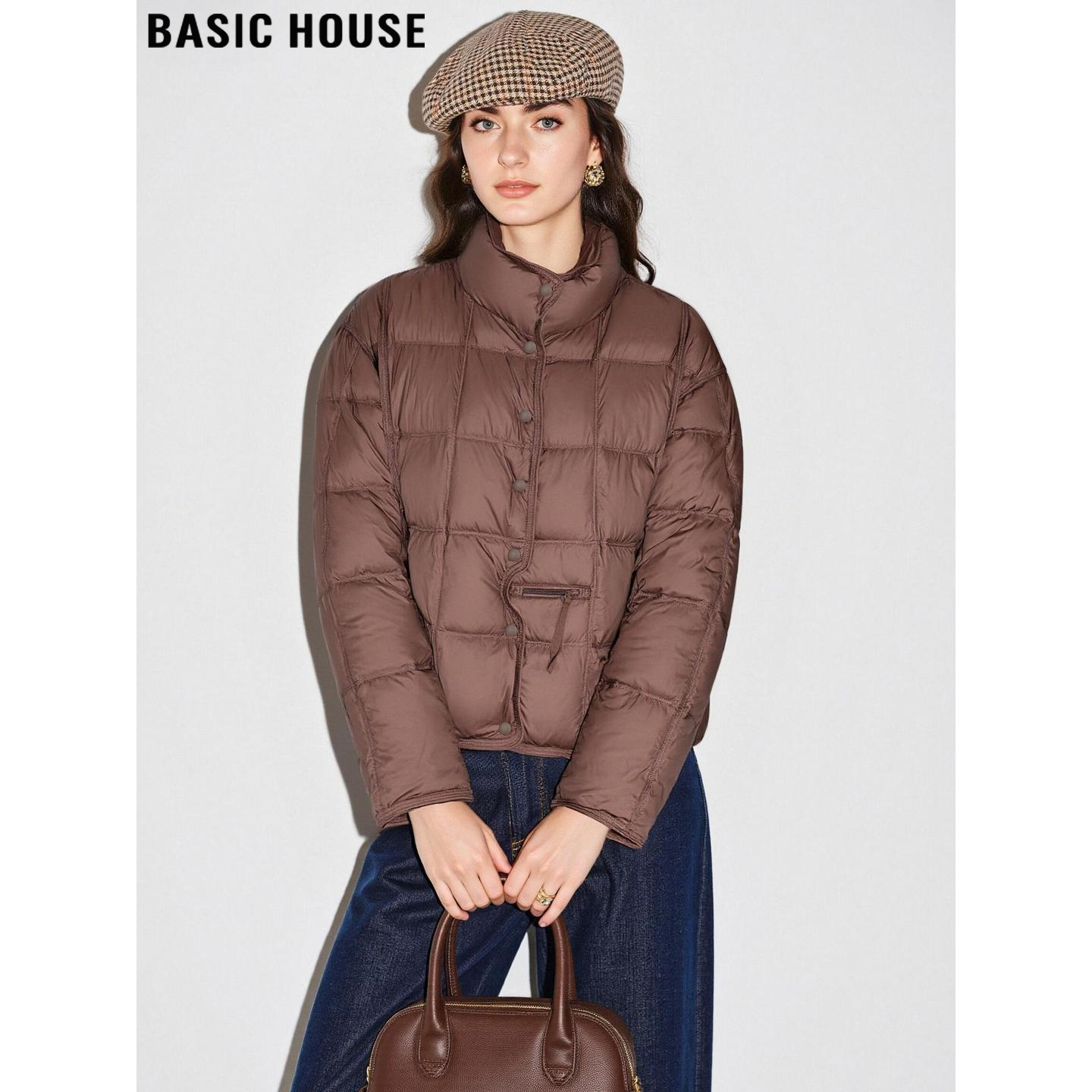 百家好棕色90%鸭绒立领羽绒服女