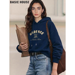 Basic House/百家好宝蓝色印花连帽卫衣女2026春季新款宽松套头衫