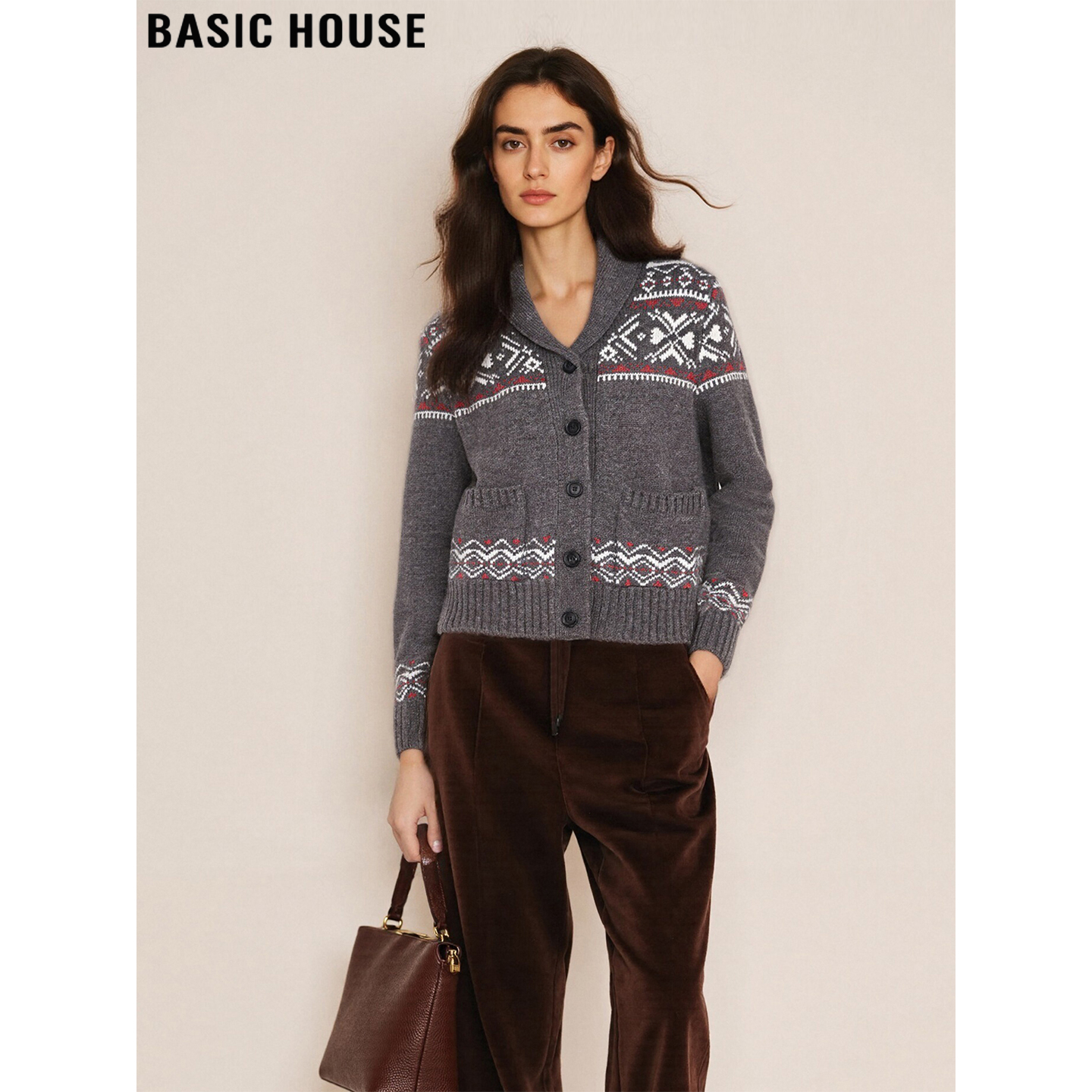 百家好纯羊毛重工提花针织开衫女