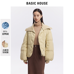 Basic House/百家好羽绒服女2023冬季新款罗纹大翻领复古宽松外套