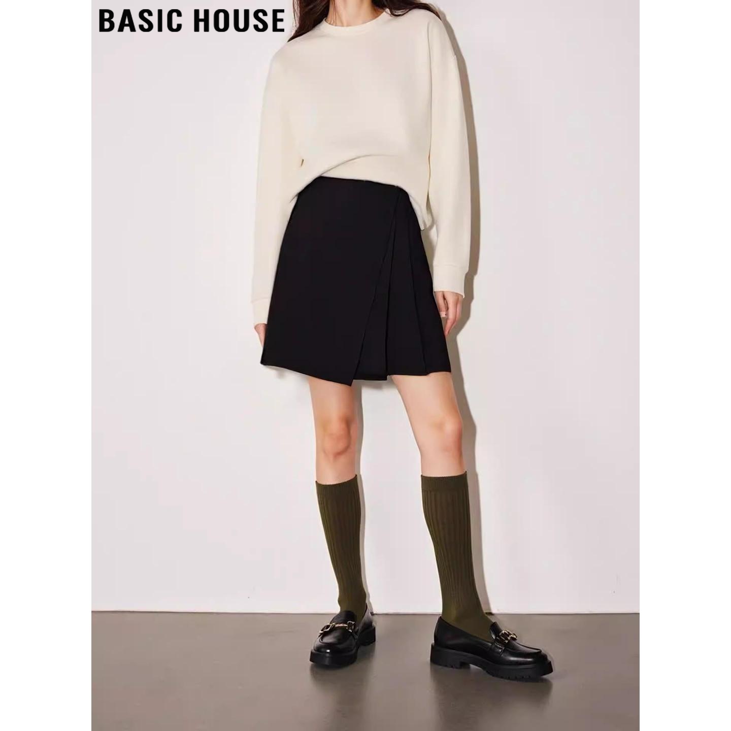 Basic House/百家好黑色不规则半身裙女士2026春季设计感高腰短裙