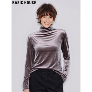 Basic House/百家好美拉德咖色金丝绒半高领打底衫女冬季内搭上衣