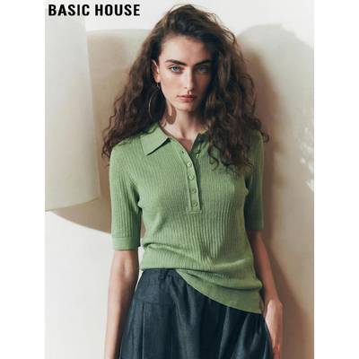 百家好绿色翻领天丝针织短袖T恤