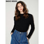 House 百家好黑色木耳边立领针织衫 女2025冬季 Basic 修身 软糯毛衣