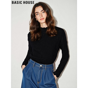 修身 Basic 女2026春季 百家好黑色木耳边立领针织衫 软糯毛衣 House