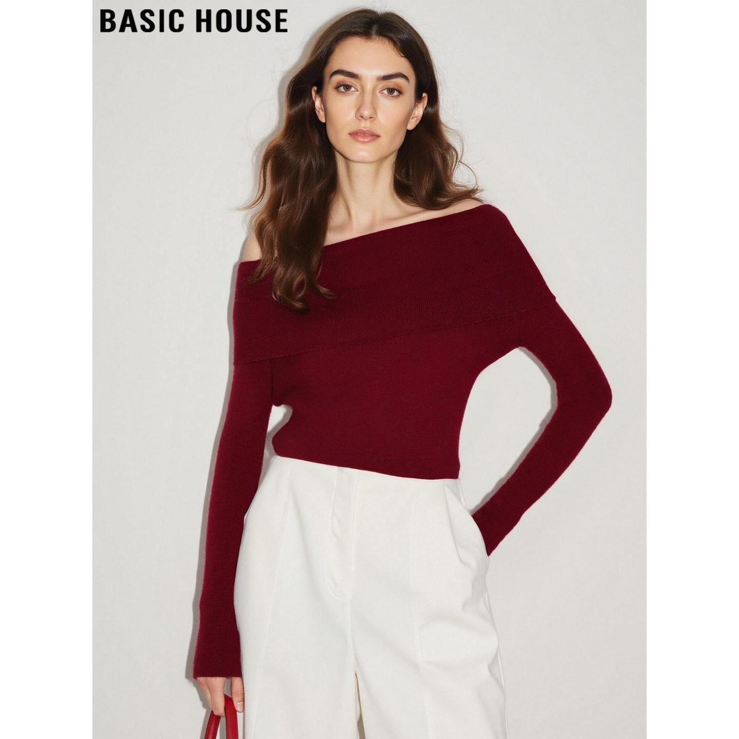 Basic House/百家好安可拉红一字肩羊毛针织衫女秋冬修身露肩上衣