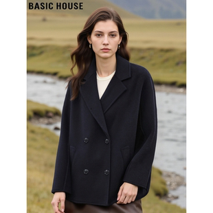 Basic House/百家好黑色双排扣毛呢外套女冬高级感加厚羊毛呢大衣
