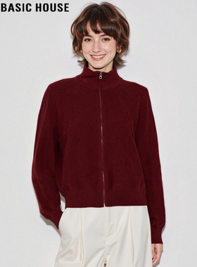 Basic House/百家好红色半高领毛衣女士2026春季新款拉链针织开衫