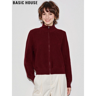 Basic House/百家好红色半高领毛衣女士2026春季新款拉链针织开衫