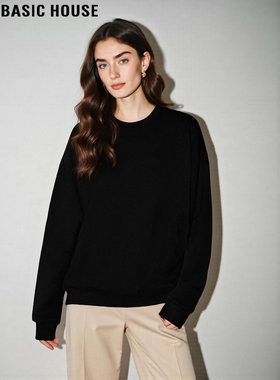 Basic House/百家好高级感黑色圆领卫衣女冬季加厚宽松套头打底衫