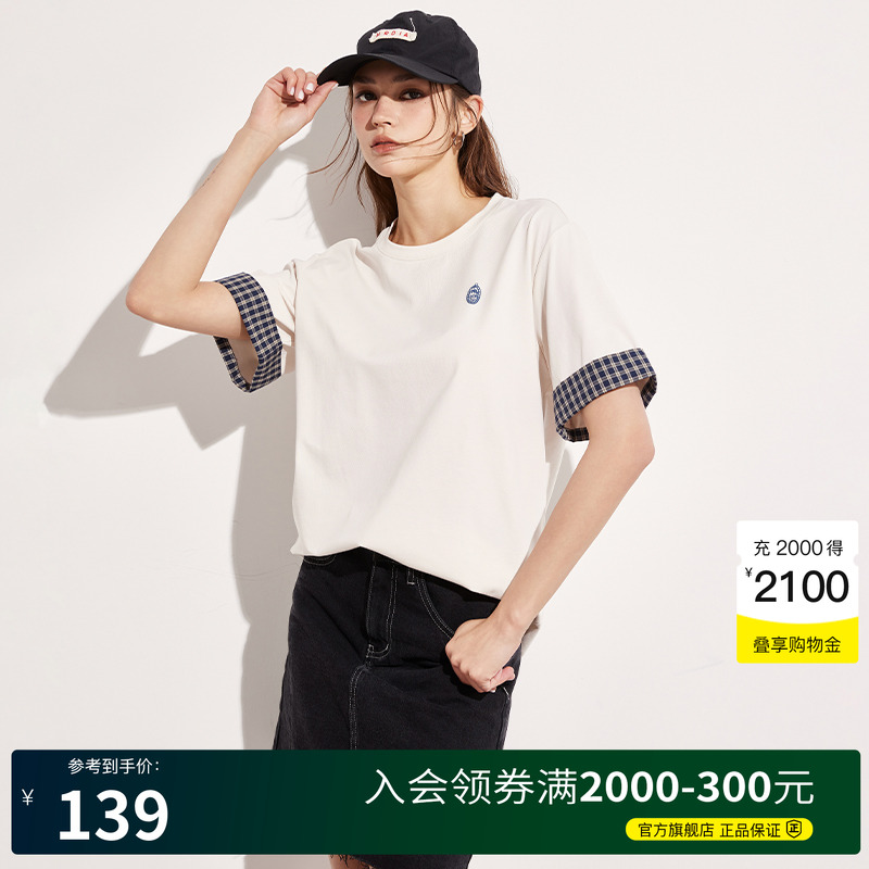 Basic House/百家好学院风拼接格子短袖T恤女2025夏季宽松打底衫