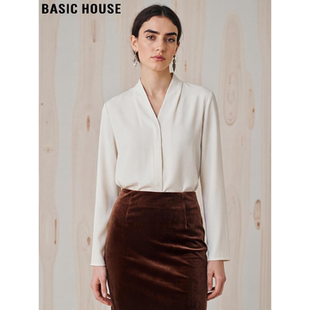 House 新款 百家好法式 女2026春季 职业通勤衬衣 杏色V领衬衫 Basic