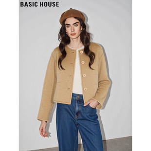 Basic House/百家好100%羊毛圆领毛呢外套女冬高级感短款呢子大衣