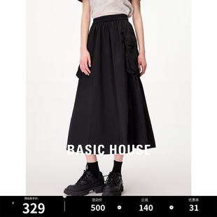 新款 Basic 百家好黑色半身裙女2024夏季 裙 House 松紧腰大口袋工装