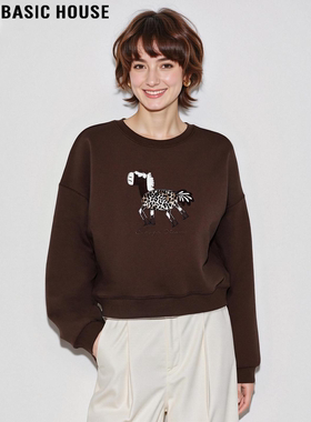 Basic House/百家好美拉德咖色小马圆领卫衣女秋冬慵懒风打底上衣