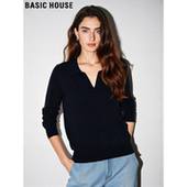 复古V领打底衫 Basic 女春季 美式 House 百家好黑色翻领天丝针织衫