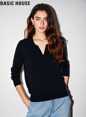 Basic House/百家好黑色翻领天丝针织衫女春季美式复古V领打底衫