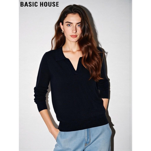 House 复古V领打底衫 百家好黑色翻领天丝针织衫 美式 女春季 Basic