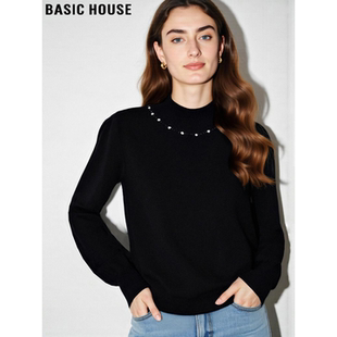 高级感毛衣打底衫 Basic 女春季 百家好黑色钉珠半高领针织衫 House