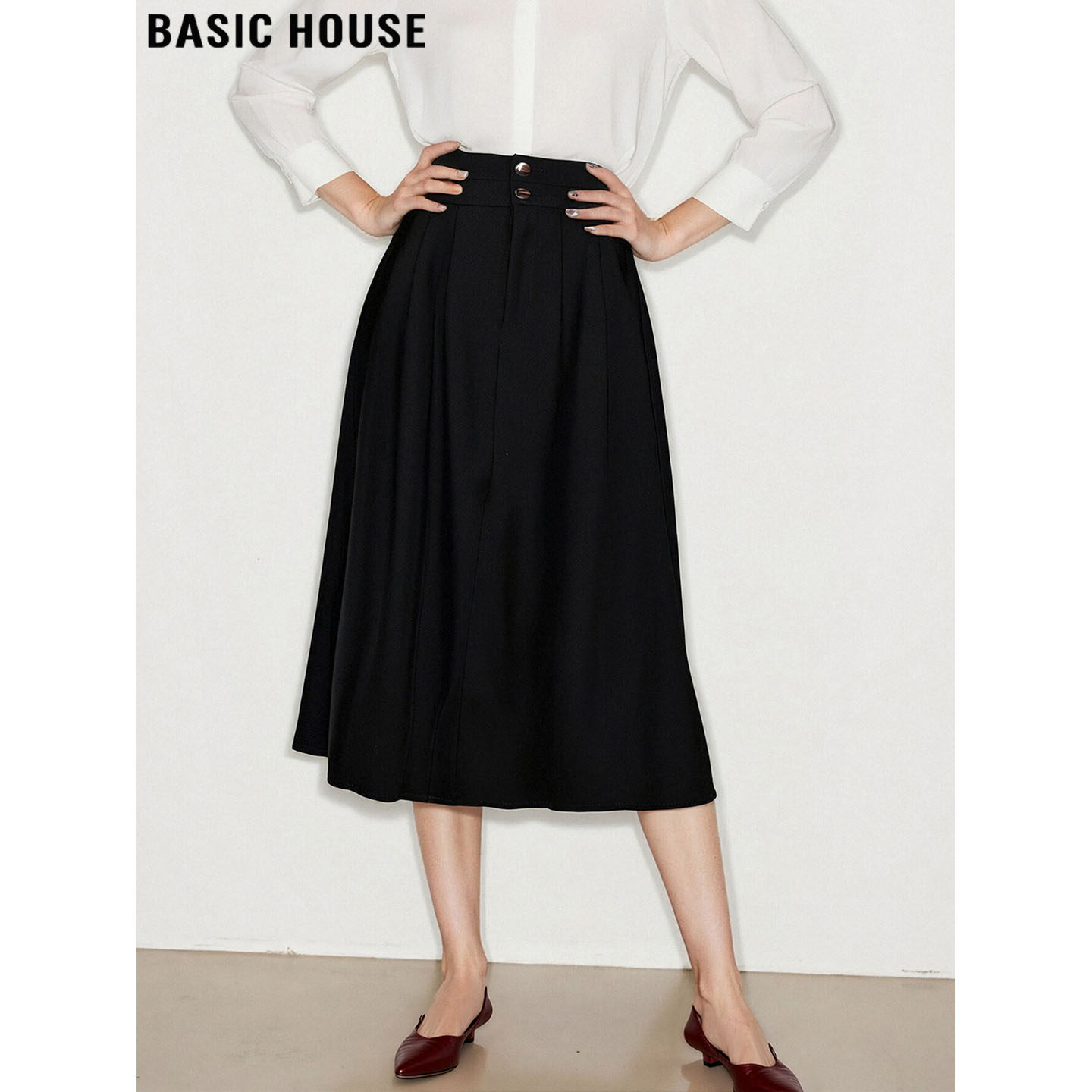 百家好黑色A字高腰西装半身裙女