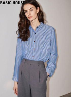 Basic House/百家好高知穿搭蓝色条纹衬衫女2026春季新款叠穿衬衣