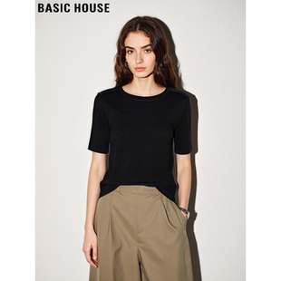 显瘦冰丝半袖 Basic T恤女夏季 百家好黑色正肩天丝短袖 上衣 House