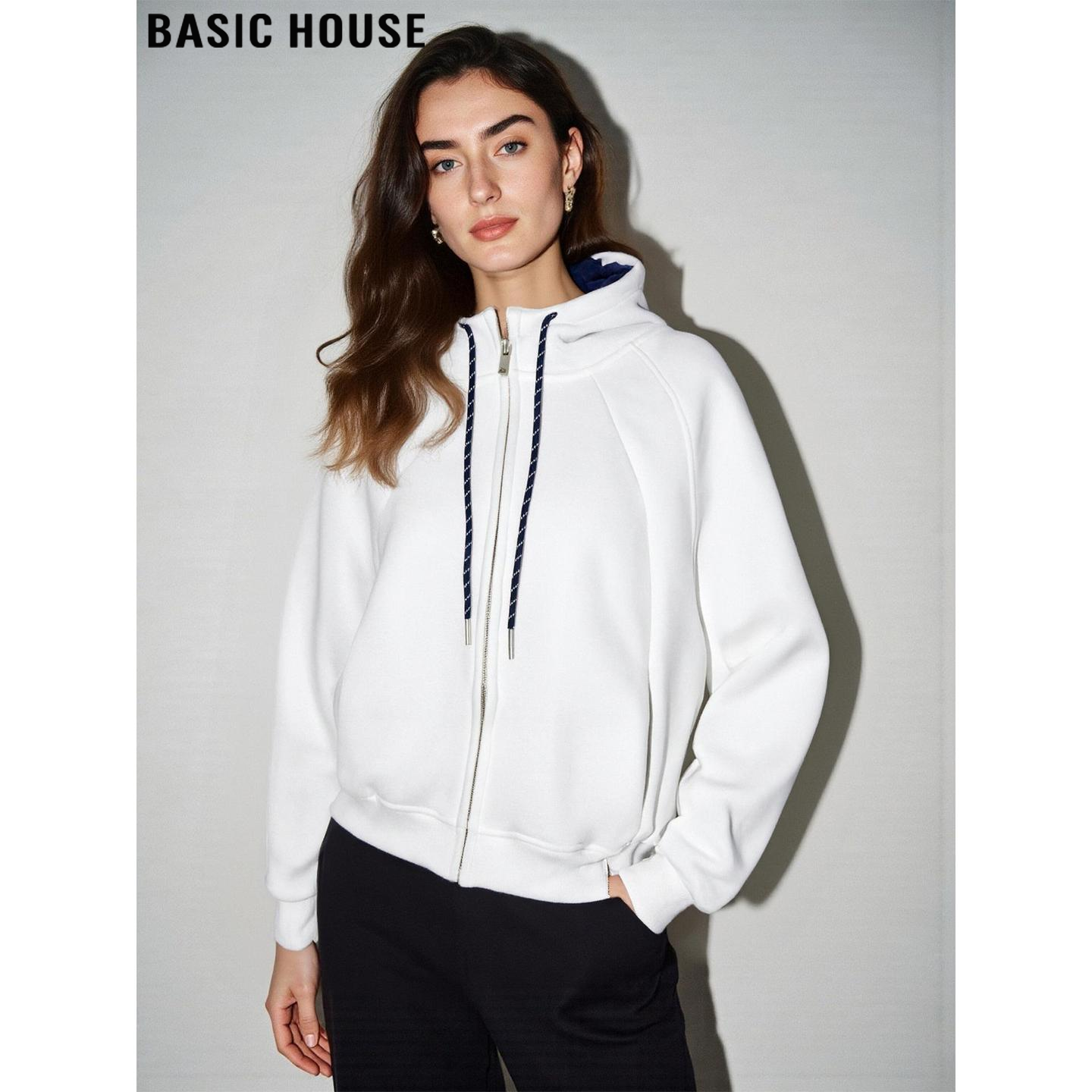 百家好慵懒风白色连帽卫衣外套女