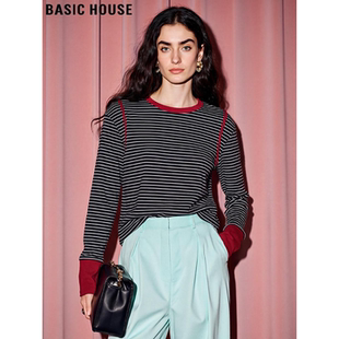 新款 Basic T恤女2026春季 百家好复古条纹长袖 纯棉圆领上衣 House